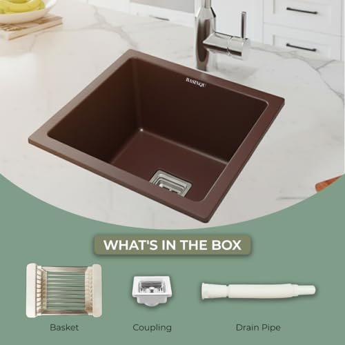 Image of BASINQU Quartz Sink for Kitchen | 18x16x9 Inches Brown Single Bowl Kitchen Sink | Granite UV Protected, Granite Scratch Resistant, Undermount /Topmount