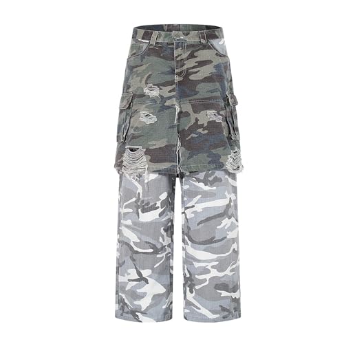 XYXIONGMAO Men's Techwear Camo Cargo Pants Skirt Overlay Layered Two-Tone Distressed Casual Multi-Pocket Streetwear Overalls