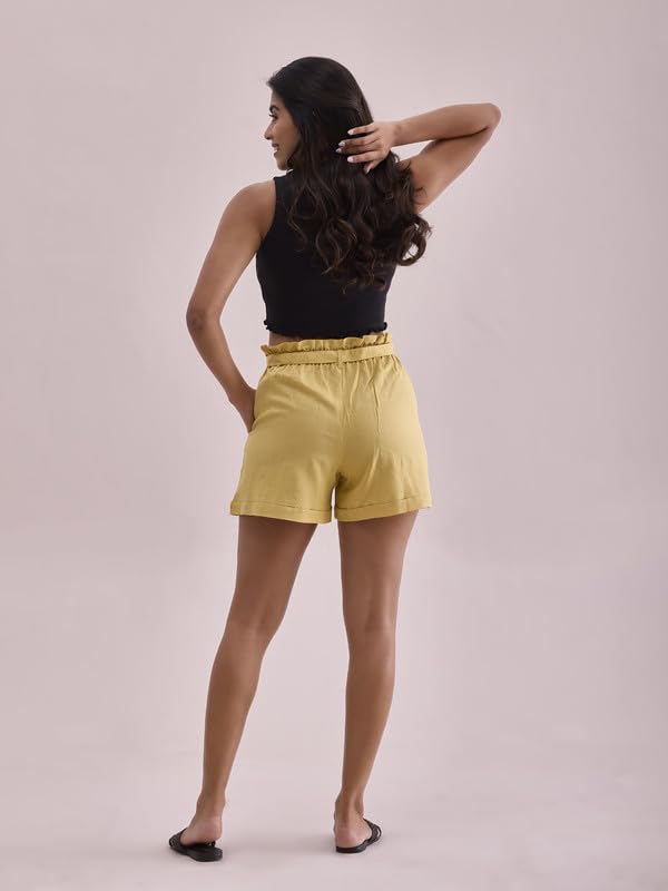 Image of GO COLORS Women Solid High Rise Relaxed Fit Linen Shorts