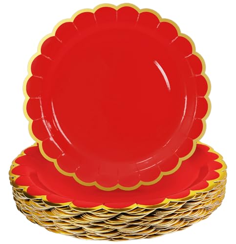 Image of HEIPINIUYE 50 Pieces Red Paper Plates with Gold Foil 9 Inch Disposable Red Scalloped Dinner Plates for Wedding Baby Shower Birthday Party Dessert Plate