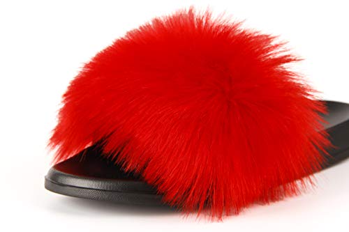 Image of Hangrui Women's Faux Fur Slides, Open Toe Cute Fluffy Slippers, Comfortable Furry Sandals
