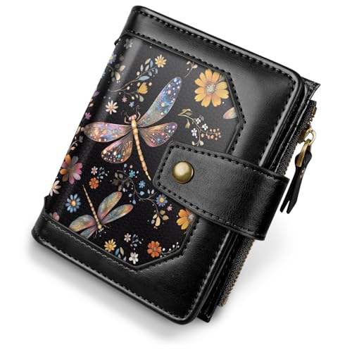 Image of Women Wallet Bifold RFID Blocking Small Credit Card Holder Leather Wallets Cards Case Ladies Purse with Zipper, Dragonfly