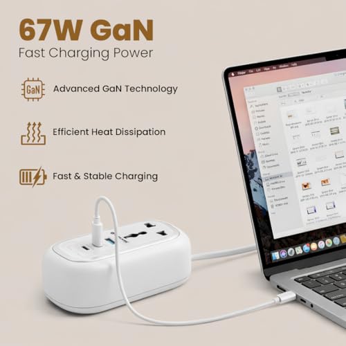 Image of LAPCARE Grip 5-in-1 Desktop Power Strip with 67W GaN Fast Charging, 2 Universal 3 Pin Socket, 2 Type-C PD Ports, 1 USB-A Port, Surge Protection, Fire-Resistant, Compact Power Hub for Home & Office