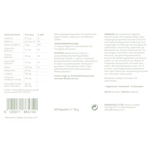 Blutdruck Formel Kapseln | Für einen normalen Blutdruck | Pflanzlich - mit B-Vitaminen, Schwarzem Knoblauch-, Olivenblatt-Extrakt, L-Arginin und Kalium