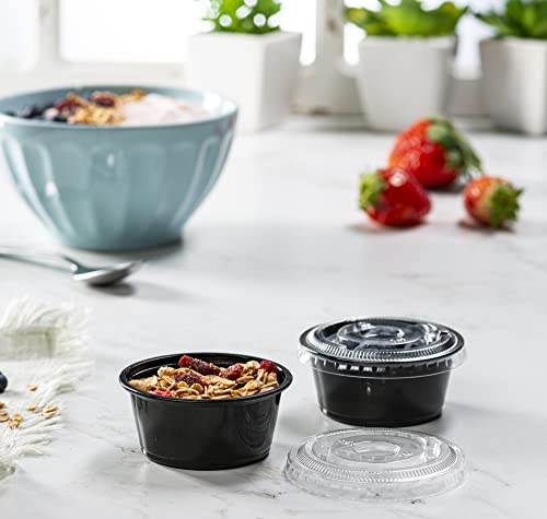 Image of {3.25 oz - 100 Sets} Black Diposable Plastic Portion Cups With Lids, Small Mini Containers For Portion Controll, Jello Shots, Meal Prep, Sauce Cups, Slime, Condiments, Medicine, Dressings, Crafts,