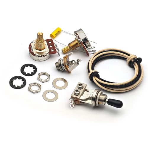 MAXCHEER Electric Guitar Wiring Harness Kits 2 Pickup Style Wiring Harness- 3 Way Toggle Switch+1T1V+Output Jack 500K Pots/473J Capacitor Guitar Circuit Kits (Electric Guitar, 1T1V 3Way)