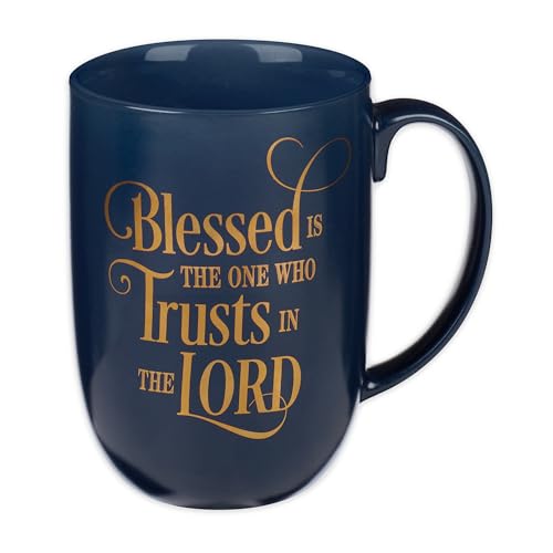 Image of Christian Art Gifts Ceramic Large Coffee & Tea Mug for Men & Women: Blessed is the One Who Trusts - Jeremiah 17:7 Inspirational Bible Verse w /Golden Accents & Sturdy Handle, Navy Blue, 15 fl. oz.