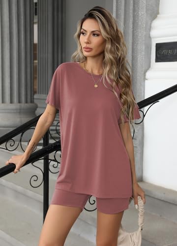 Image of Ekouaer Women's 2 Piece Lounge Set 2026 Summer Biker Shorts Set Outfits Short Sleeve Oversized Top Matching Tracksuit