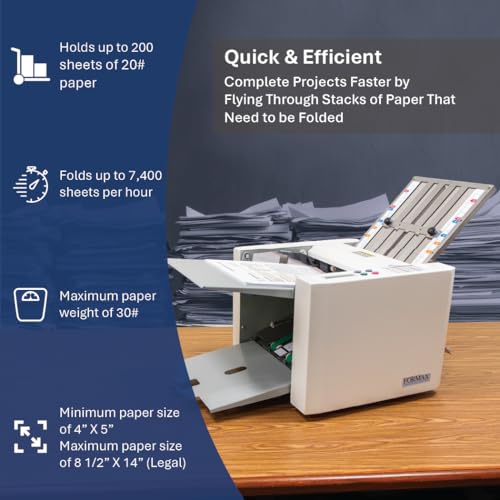 Formax FD 300 Document Folder, LCD Control Panel with 3-Digit Resettable Counter, Folds Up to 7400 Sheets per Hour, Output Conveyor for Neat and Sequential Stacking