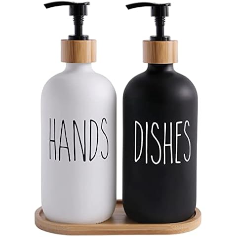 Glas Seifenspender Set, BIKALAN 475ml Seifenspender Schwarz-Weiß Badezimmer Set Cover
