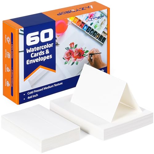 Lazydrop Watercolor Cards with Envelopes 60 Pack - 300gsm 100% Cotton Cold Pressed 4x6 Inch Foldable Blank Watercolor Paper