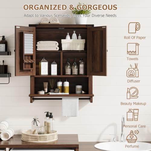 Image of QUW Farmhouse Bathroom Wall Cabinet, Modern Medicine Cabinets with Towel Bar & Jewelry Holder, Over The Toilet Storage Cabinet with Barn Door for Laundry, Living Room, Hallway, Dark Walnut