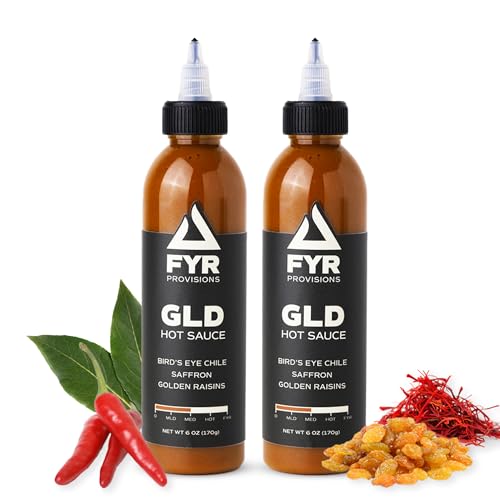 FYR by Derek Wolf - GLD HOT SAUCE 2-Pack - Gourmet Hot Sauce with Habanero Peppers, Golden Raisins, Saffron, Turmeric for Grilling and Seasoning - Gluten Free, Low Sodium, No Carbs - 6 oz Bottles (Pack of 2)