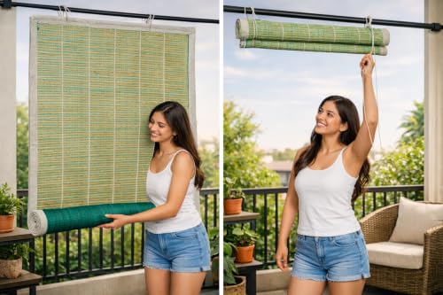 Image of GoKoo Bamboo Curtains for Outdoor - W 3 ft x H 4 ft Roll Up Blinds | Rope Mechanism Shade for Rain, Sunlight, Dust & Cold Air Protection for Balcony, Window, Door, Hotel & Restaurant (Handmade)