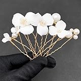 PRETTYLIFE White Flower Hair Pins for Wedding 7PCS Elegant Bridal Ceramic Flower Pearl Hair Pieces Accessories for Women