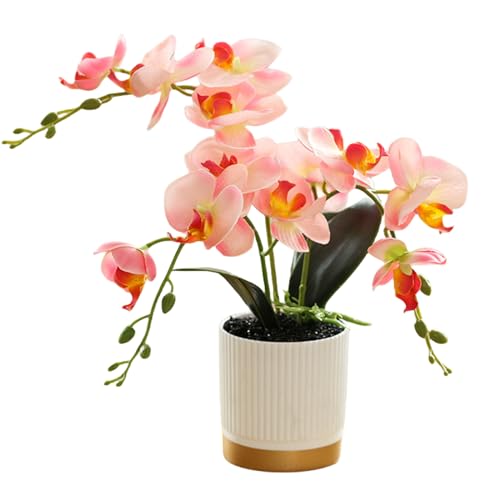 Générique Orchidée Artificielle Orange à Trois Branches en Pot à Fond Doré Phalaenopsis Décoration Fleur en Pot Simulation Blanche Papillon Fleur(Rose)