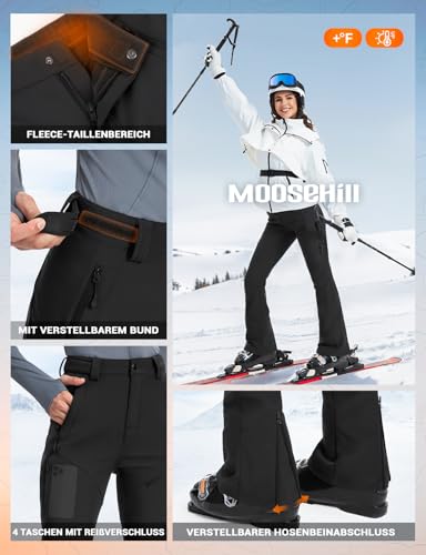 Moosehill Damen-Wanderhose-Thermohose-Wasserdicht-Skihose-Softshellhose Schneehose Gefüttert Winddicht Fleece Warm Falre Outdoor Snowboard Fahrrad Arbeit Trekking Winter Cargohose(Schwarz|38|76cm)