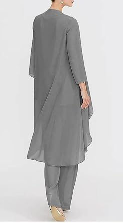 3 PC Chiffon Mother of the Bride Pants Suits with Long Jacket Wedding Guest Outfit Formal Evening Gown