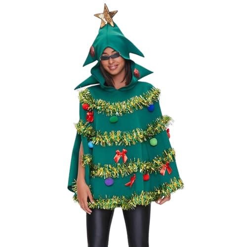 Christmas Tree Poncho Costume Hooded Cape Cloak Cape Bow Ball Tinsel Hairballs Decor Green Xmas...
