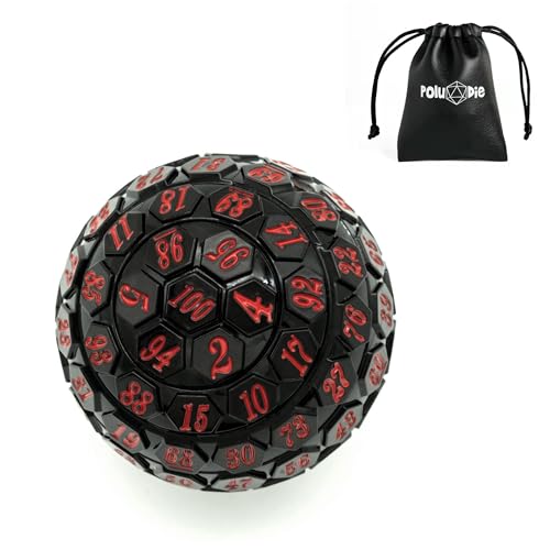Poludie 100 Sided Polyhedral Dice Single D100 Game Dice 100 Sided Cube with Black Pouch D100 die 48 mm (Black with Red Number)