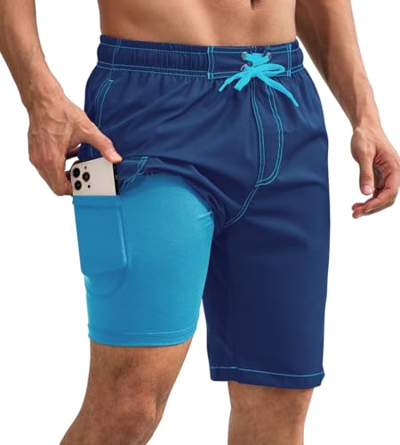 Mens Swim Trunks Quikly Dry 10 inch Inseam Bathing Shorts with Compression Liner and Zipper Pockets