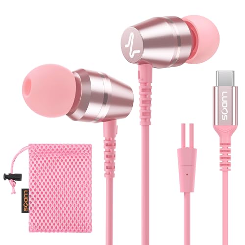 LUDOS OMNITONE USB C Headphones for iPhone 17 16 15 Pro Max Plus Air iPad Pro, 5 Years Warranty, USB-C Earbuds for Samsung Galaxy S24 S23 Ultra S22 S21 FE S20 Z Flip 3, USB Type C Earphones - Pink