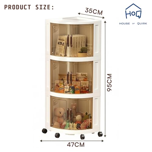 Image of House of Quirk Foldable Triangular Storage Cabinet with Wheels | Space Saving Corner Organizer | Portable Large Capacity Plastic Storage Box for Kitchen, Bathroom, Bedroom (3 Layer, Cream)