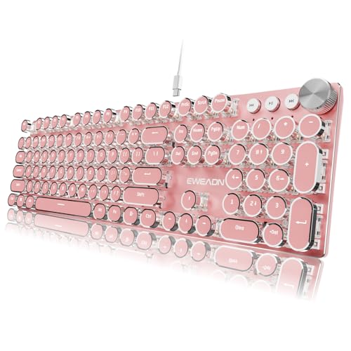 Image of EWEADN Typewriter Style Mechanical Keyboard, Wired Typewriter Keyboards,104 Keys Backlit LED Metal Keyboards, Media Control Knob, Wired Computer Keyboard White Switch for Windows /Mac /PC-Dark Pink
