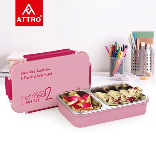 Image of ATTRO Hot-Meal 2 Insulated Lunch Box with 2 Compartment, Inner Stainless Steel & Locking Lid BPA-Free Food Grade Ideal for School, Office - 800ml Peach