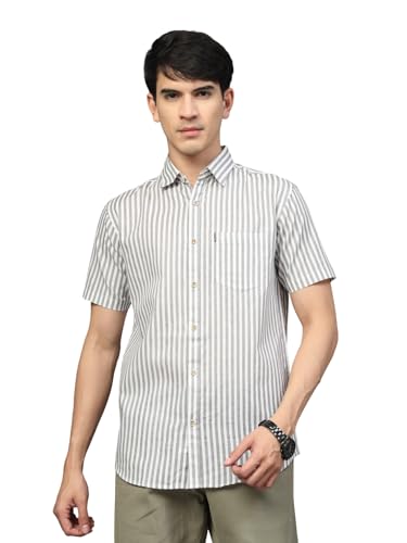 Image of Majestic Man Men's Pure Cotton Striped Half Sleeve Regular Fit Shirt