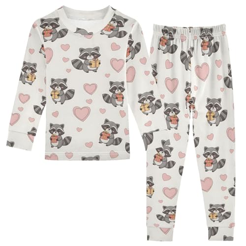Pajama Sets Long Sleeve Cute Raccoons Hearts Soft Comfy Sleepwear 2 Piece PJS 3-8T