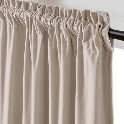 Image of Oatmeal Velvet Curtains Cream Rod Pocket 52x72 Inch 2 Panels | Soft Velvet, Room Darkening, For Small Windows, Kitchens & Bathrooms, Light Shifting Texture, Elegant Drape, Warm