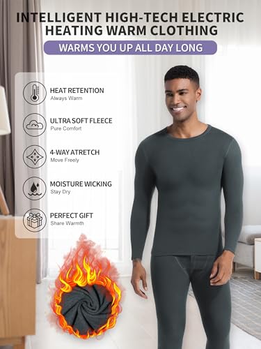 Raueupo Warm Thermal Underwear Set Mens Base Layer Long Johns Winter Hunting Gear Bottom Leggings Top with Mens Crew Socks (Grey, X-Large) - Thumbnail 2