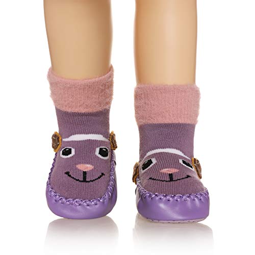 Baby Boy Girls Toddlers Animal Moccasins Non-Skid Indoor Slipper Winter Warm Shoes Socks (Purple Sheep, 6-12 Months)