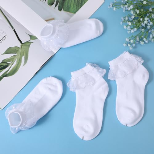 Bremorou 3 Pairs Girls Ruffle Socks Lace Ruffle Frilly Ankle Sock With Pearl Lace Cute White Ruffle Socks For Toddler Little Girl Daily Dress3