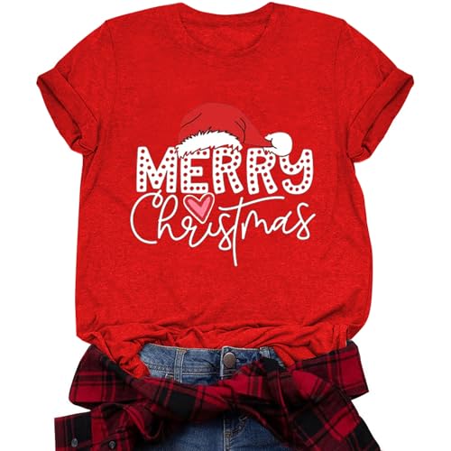 Christmas Shirts for Women Funny T-Shirts for Women Short Sleeve Merry Christmas Hats Graphic Tee Tops