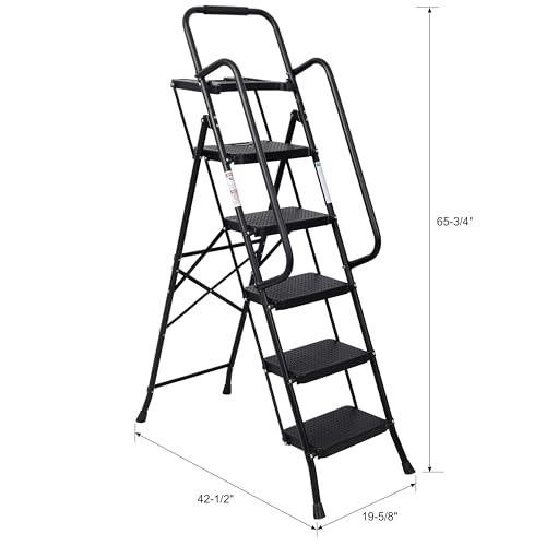 Image of Step Ladder 5 Step Folding, Sturdy Ladder for Home, Lightweight Steps Stool with Top Tool Slot, Portable Steel Ladders with Anti-Slip Pedal and Convenient Handrail, 330 LBS Load Capacity, Black
