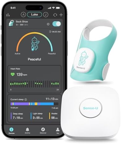 Sense-U Smart Sock Shoe (Long Range) Baby Monitor with On-Device Sleep Indicator & Notifications, Track Heart Rate, Movement, Sleep Patterns, Naps from Anywhere for Peace of Mind, No Monthly Fee