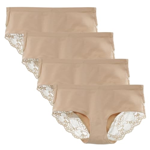 Image of LIQQY Women's 4 Pack Mid Rise Cotton Lace Full Coverage Brief Hipster Panty Knickers Underwear (Nude, X-Large)