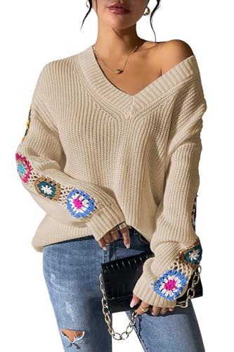 Womens Classic Boho Floral Crochet Long Sleeve Sweaters Casual Pullover Knitwear for Fall Winter Basic Tops 2024