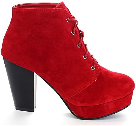 Forever Camille-86 Women's Comfort Stacked Chunky Heel Lace Up Ankle Booties Red Size 8 US | Image 1