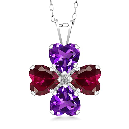 Gem Stone King 925 Sterling Silver Purple Amethyst and Red Created Ruby 4 Heart Shape Gemstone February Birthstone Pendant Necklace For Women (3.40 Cttw, 6MM Heart, with 18 Inch Silver Chain)