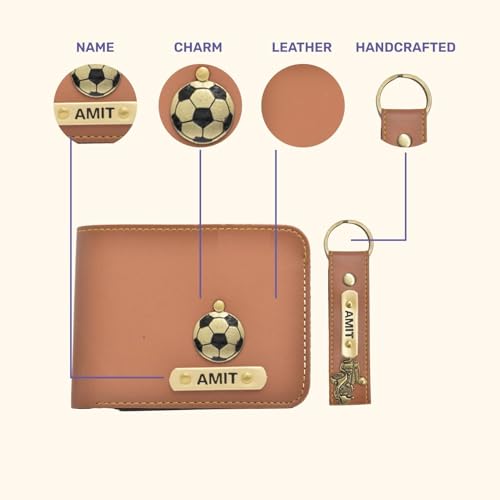 Image of Mens Leather Wallet and Keychain Combo Name Leather Wallet Keychain for Mens Personalized Wallet Keychain Set with Wallets Keychains for Men | Customised Gift Set for Men with Name & Charm, Red