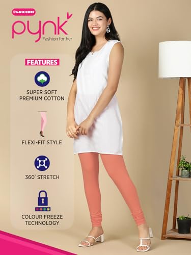 Image of Lux Cozi PYNK Solid Premium Cotton Lycra Churidar Leggings for Women | Regular Fit Elastic Waist Full Length Women Leggings | Free Size