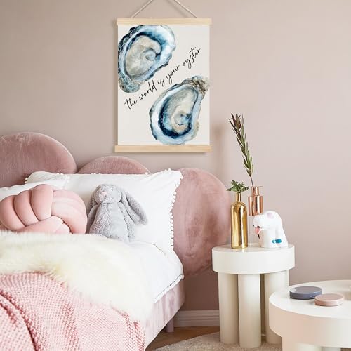 Image of PQKIY Coastal Beach Oyster Shell Wall Art Poster Hanger Frame 12x16 in, World Is Your Oyster Inspirational Ocean Wall Decor Canvas Prints for Beach Home Living Room Bedroom