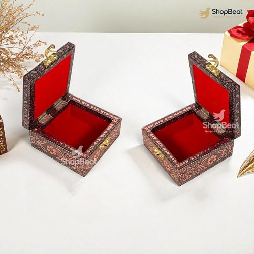 Image of Handcrafted Wooden Jewellery Box Copper Metal Finish (4 x 4 inch) Pack of 3 | Oxidized Pichwai Cow Design | Decorative Organizer | Storage Box for Women Puja Festive Gifting | Marigold Gold
