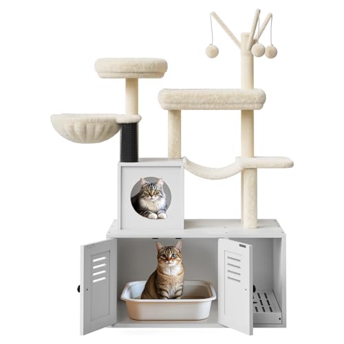 2-in-1 Cat Tree with Litter Box Enclosure 55.1" Furniture Style Cat Tower with Hidden Litter Box Cabinet Cats Condo with Hammock Basket Plush Perches Sisal Scratching Posts Anti-Tip Strap White