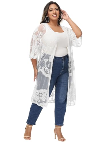 Image of Anna-Kaci Women's Plus Size Lace Cardigan Embroidered Long Kimono Dusters with Half Sleeves
