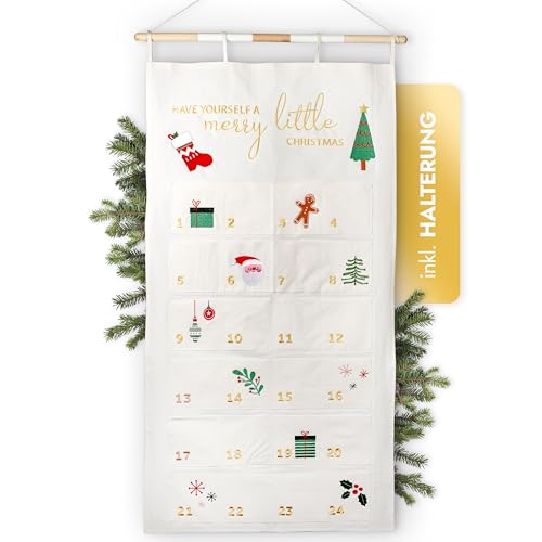 AMARI ® Adventskalender zum Befüllen - XXL Wandkalender (70 x 130 cm) mit 24 Fächern zum Basteln für Weihnachten - Adventskalender zum Aufhängen Stoff - Weihnachtskalender
