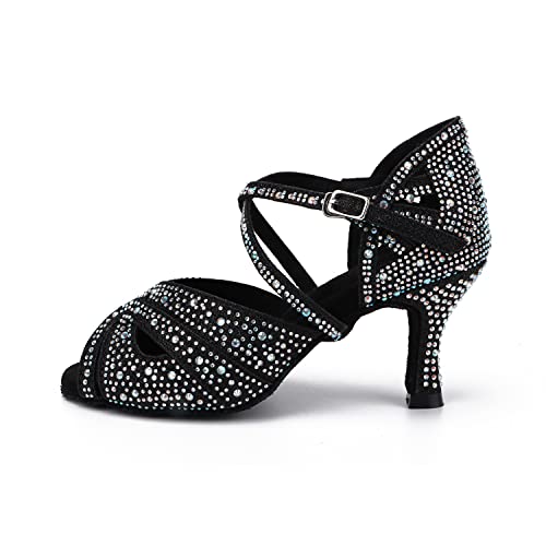 Syrads Scarpe da Ballo Donna Latine da Sala da Ballo Sociale per Feste da Sera, Nero, Tacco 7.5cm, 37 EU